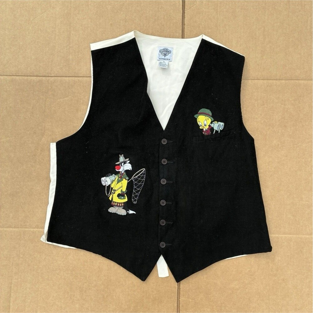Vintage Acme Clothing Co. Cartoon Embroidered Button Vest Black White XL Mens